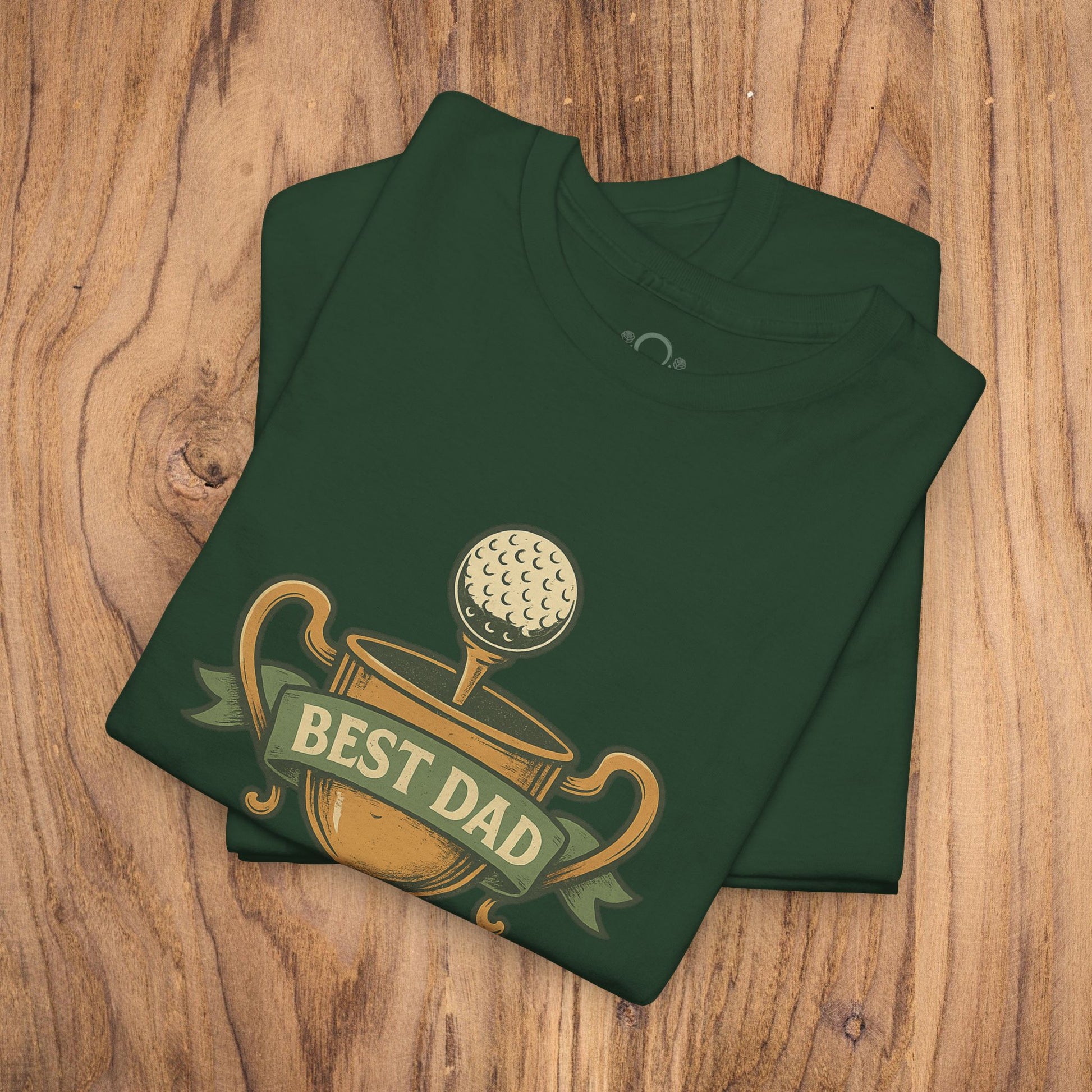 Best Dad Trophy T-Shirt in dark green featuring an eye-catching golf trophy print, made from durable and soft cotton material.