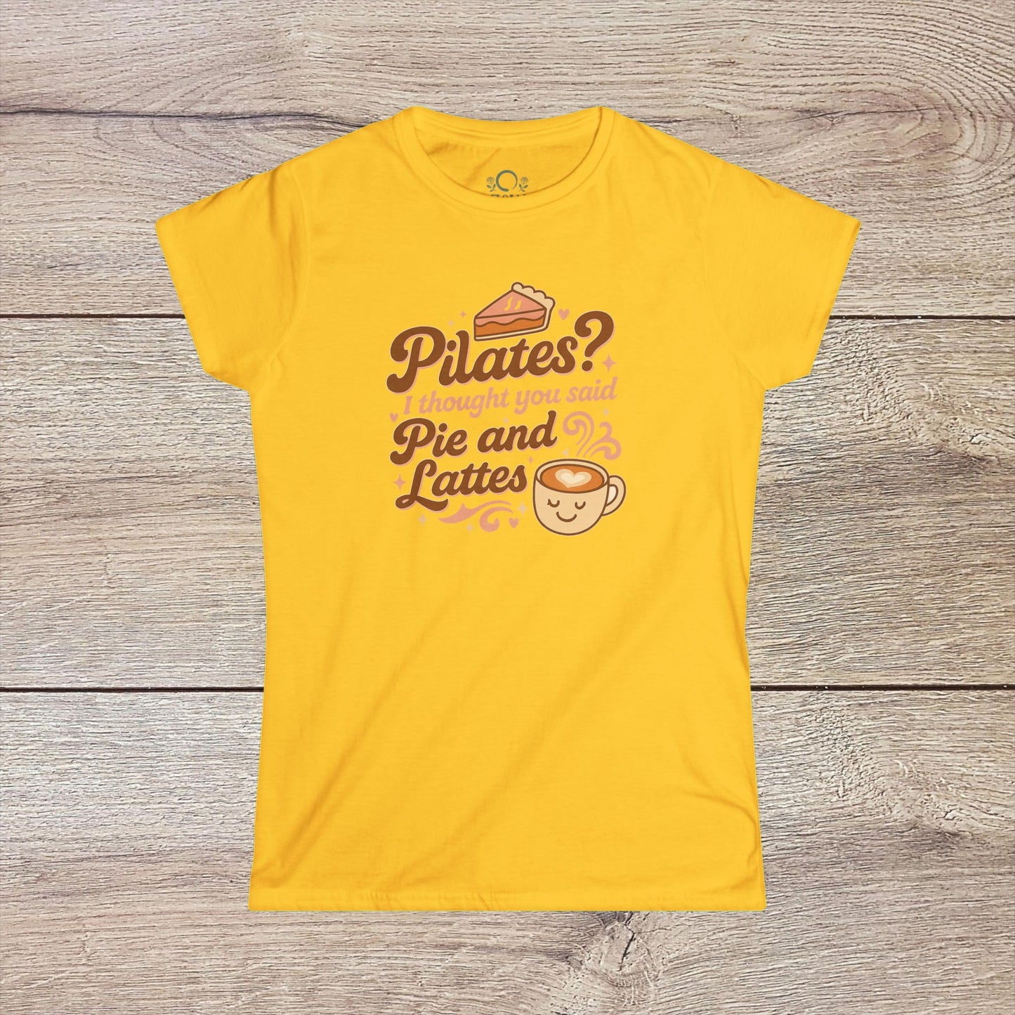 Funny Pilates T-Shirt with Durable Shoulder Tape and Classic Fit for Everyday Comfort in yellow, featuring a playful graphic that combines Pilates with pie and lattes.