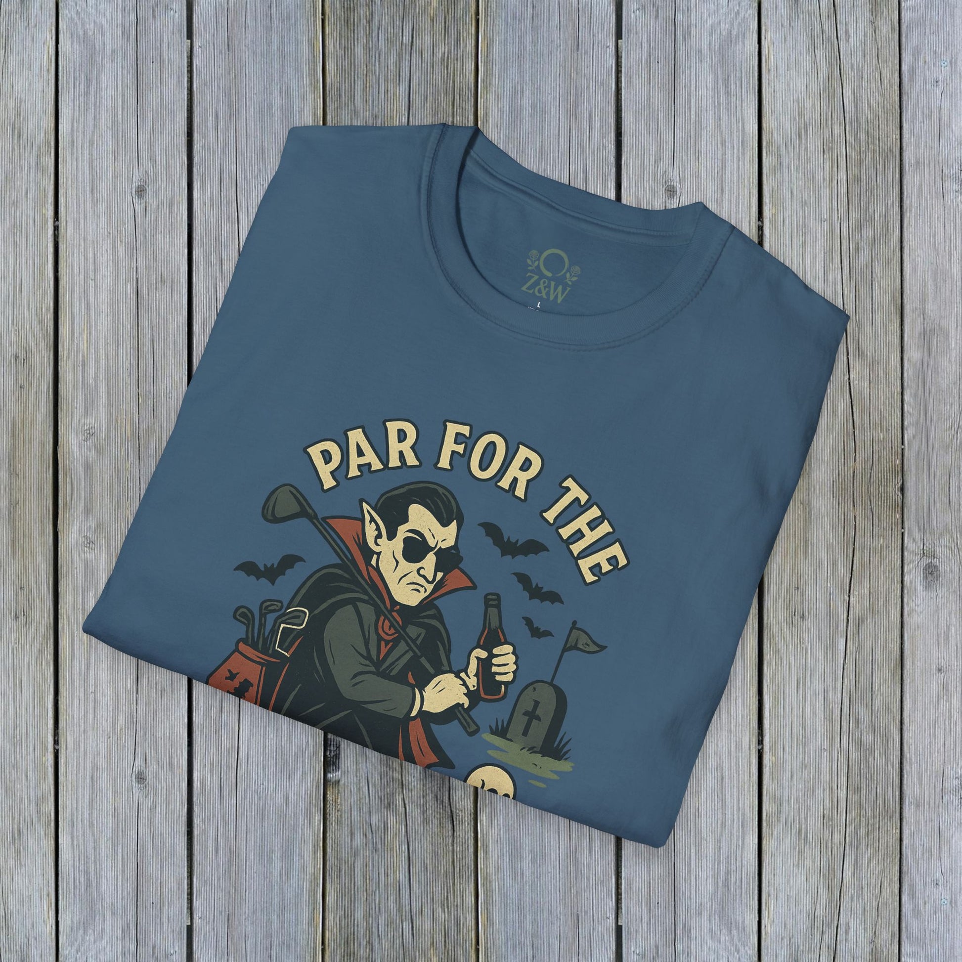 Dusty blue Funny Halloween Unisex T-Shirt displaying 'Par For The Curse' graphic, a must-have for Halloween wardrobe.