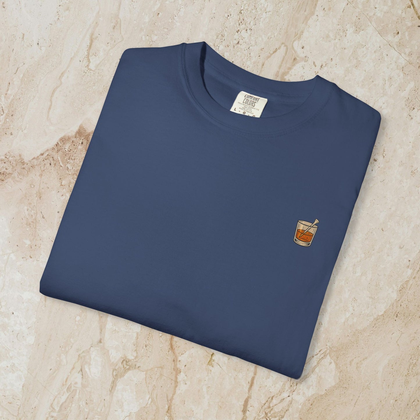 Golden Whiskey Dog Tee - Unique Vintage Style, 100% Cotton, Relaxed Fit with Left Chest Pocket in navy color with a chic chest pocket graphic.