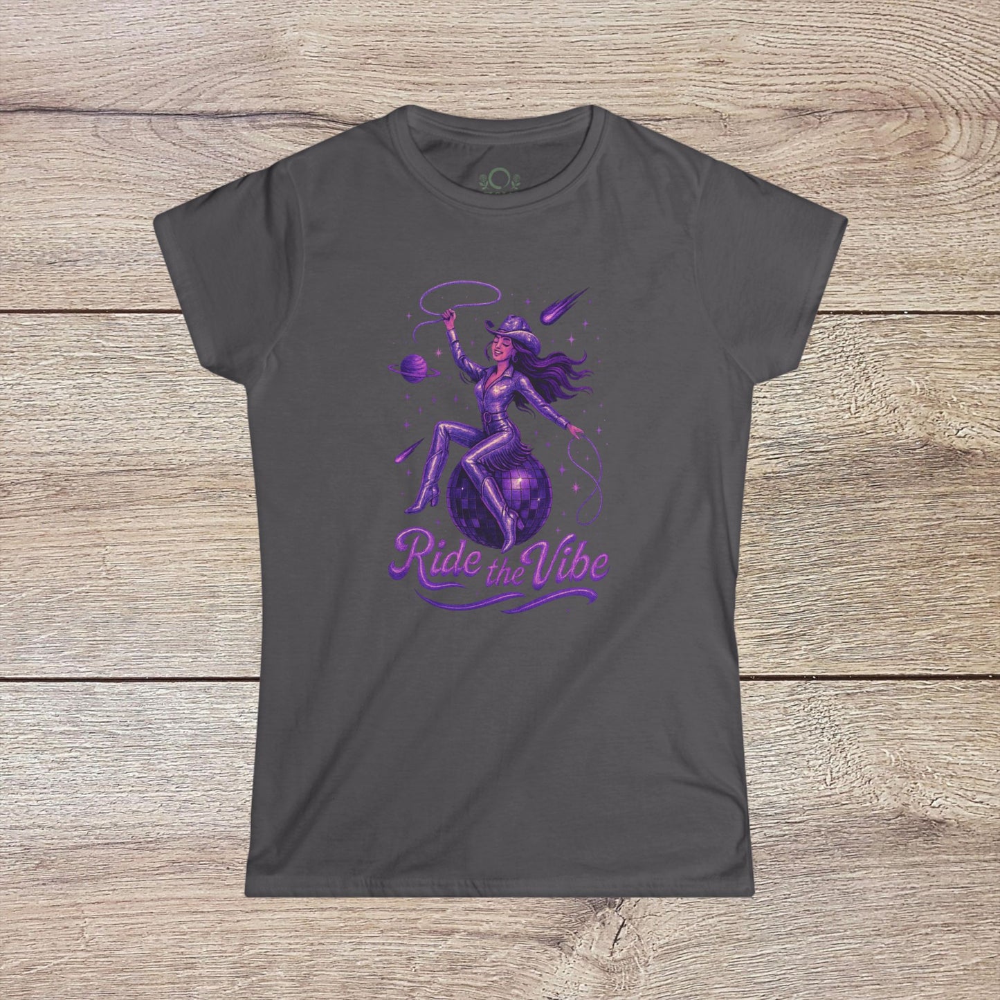 Vibrant Ride The Vibe Tee in charcoal grey featuring a whimsical image of a woman riding a celestial sphere, made with soft durable 100% ring-spun cotton.