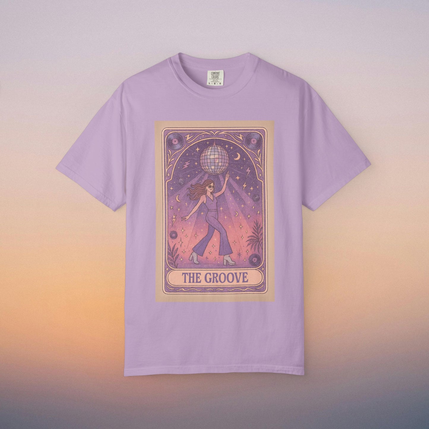 Groove Tarot Graphic Tee in lavender featuring a woman holding a disco ball, ideal for those who love stylish and vibrant clothing options - unisex fit, sizes S-4XL.