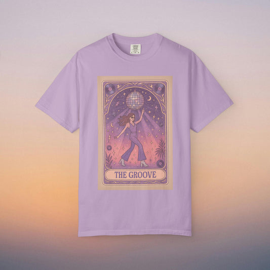 Groove Tarot Graphic Tee in lavender featuring a woman holding a disco ball, ideal for those who love stylish and vibrant clothing options - unisex fit, sizes S-4XL.