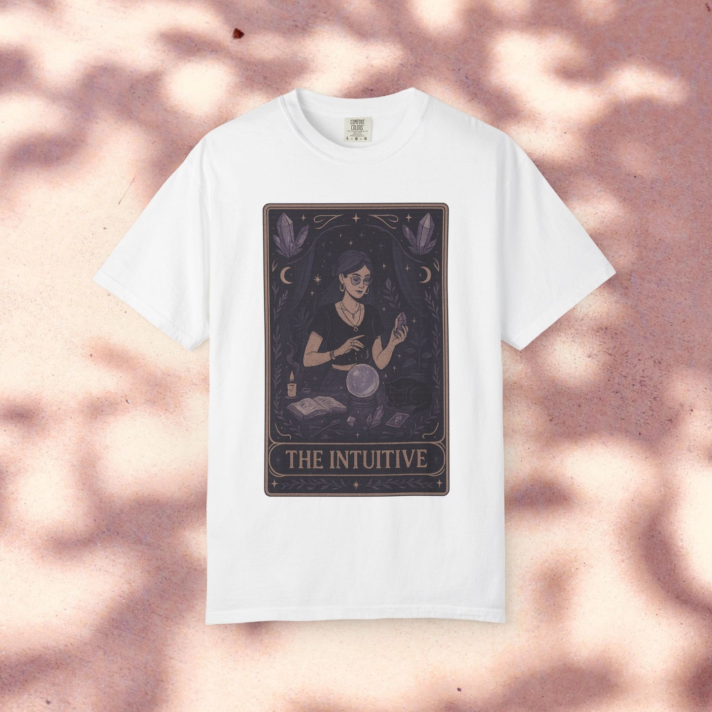 Classic white Intuitive Tarot Tee, crafted from 100% cotton, featuring an enchanting tarot design, perfect for casual wear, available in sizes S-4XL.