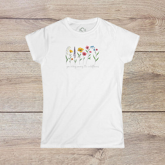 Wildflowers T-Shirt in classic white adorned with beautiful floral illustrations, offering a stylish and comfortable fit with ethically sourced materials.