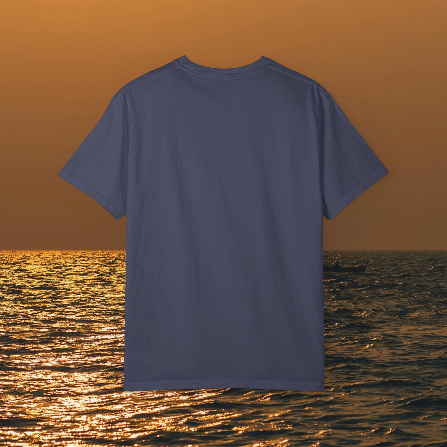 Back view of a Bay Bound boating t-shirt for summer in a deep color, designed for durability and long-lasting wear.