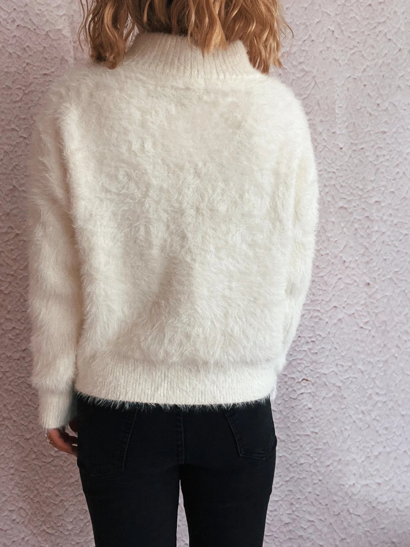 Back view of the Cozy Fuzzy Half-Zip Sweater for Women in white, featuring a plush fabric and comfortable fit, perfect for colder seasons.