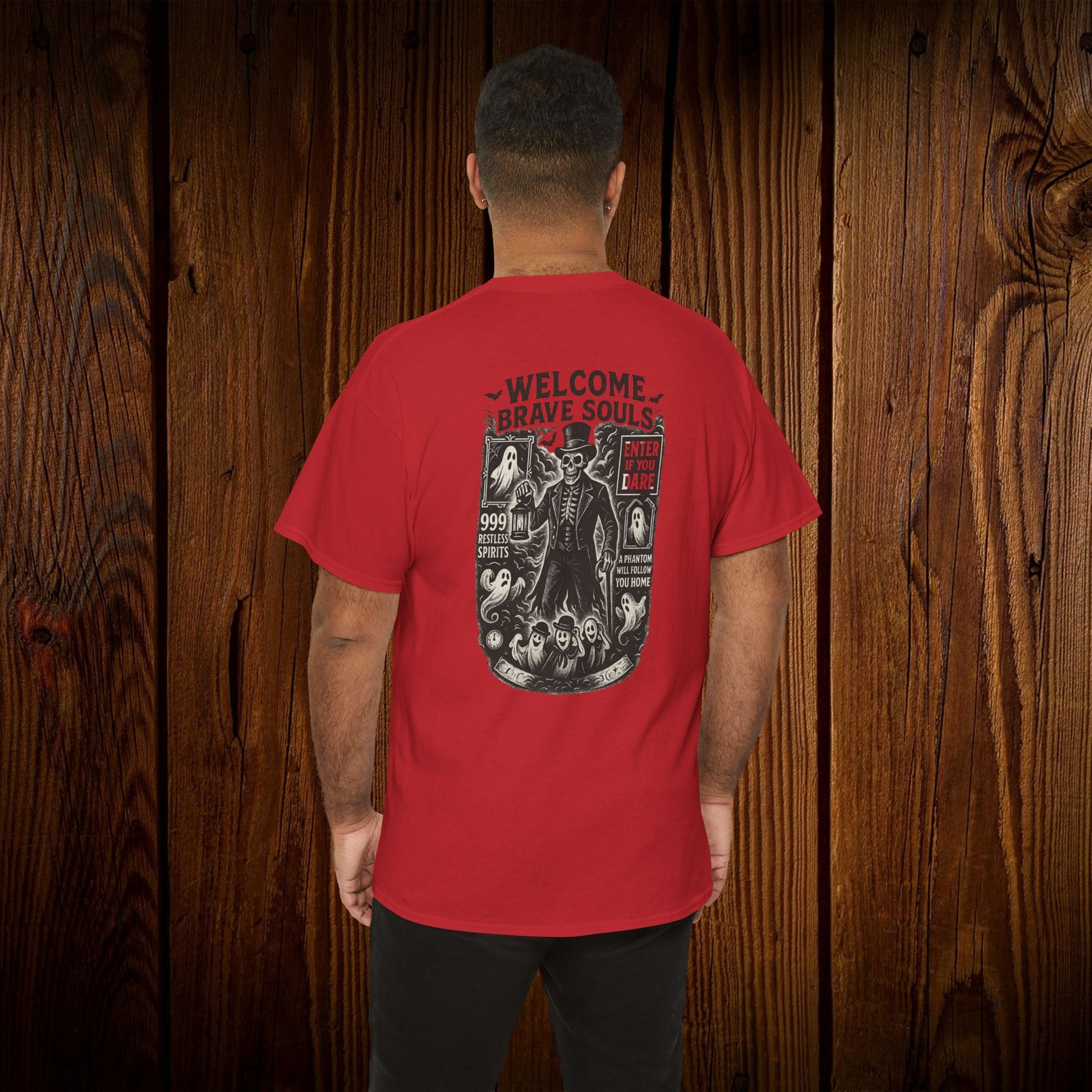 Spooky Halloween Graphic Tee - Unisex Cotton Shirt in eye-catching red with a detailed graphic depicting classic Halloween imagery, ideal for Halloween festivities.
