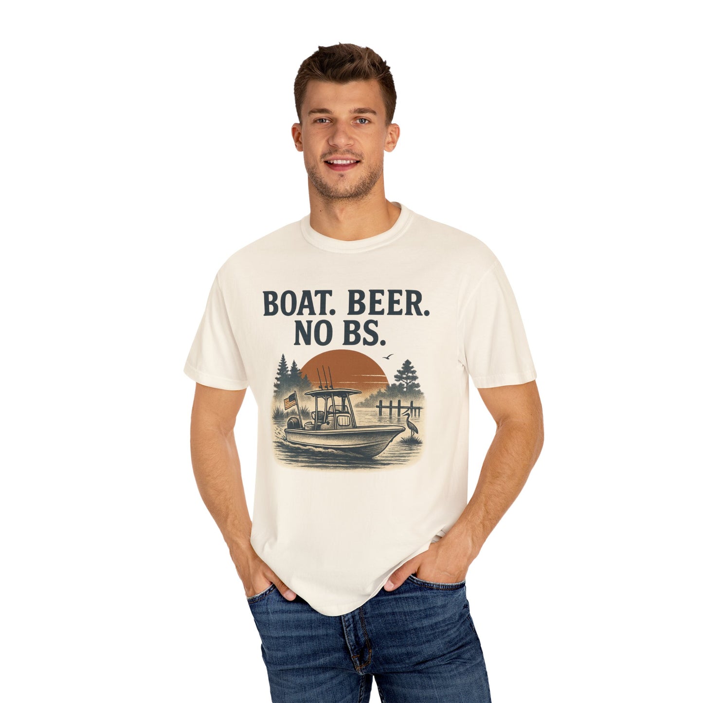 Model proudly wearing the Boat Beer No BS Tee in cream, highlighting a boat and sunset illustration, ideal for summer fun.