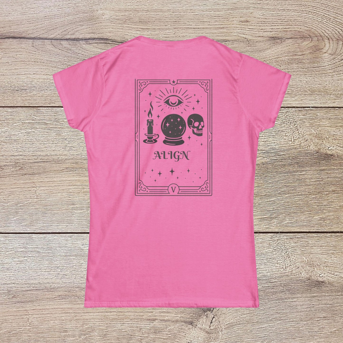 Eco-Friendly Align Tee in pink, featuring an artistic back design that includes a candle and crystal ball, available for personalized embroidery.