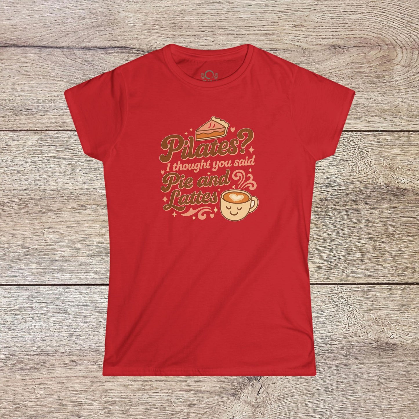 Bright red Funny Pilates T-Shirt featuring the amusing text: 'Pilates? I thought you said Pie and Lattes'. Offers durability with shoulder tape and a comfortable classic fit.