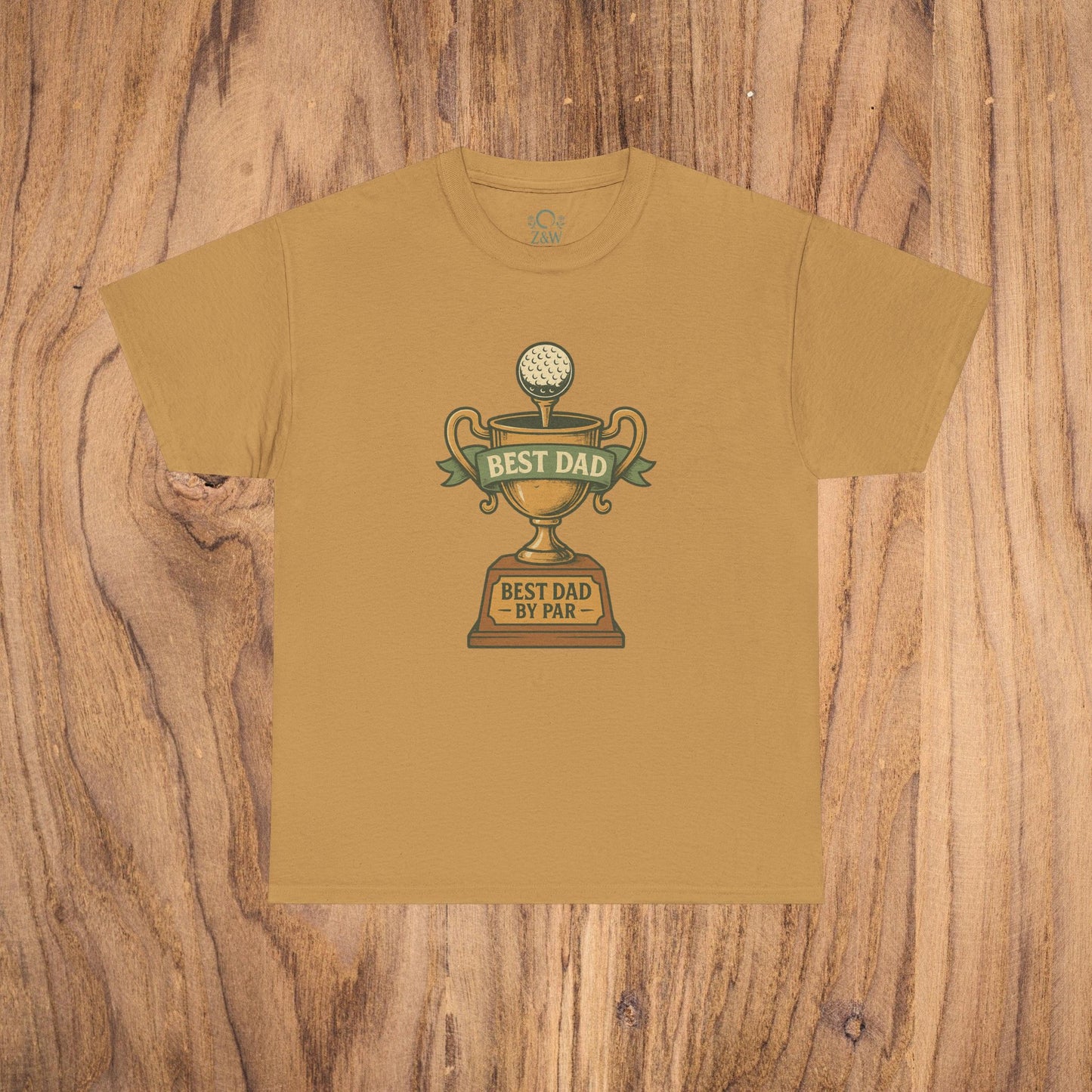 Best Dad Trophy T-Shirt in golden brown color showcasing a trophy graphic with the phrase 'Best Dad by Par' perfect for Father's Day celebrations.