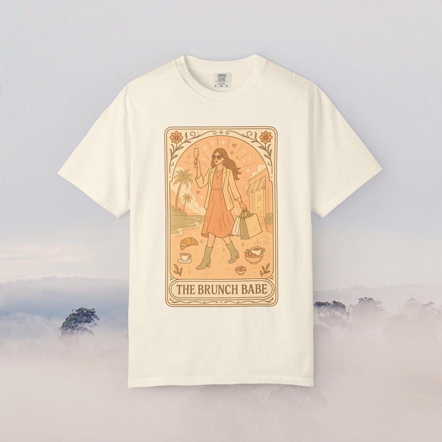 Brunch Babe Tarot Graphic Tee in white, made from 100% cotton, showcasing distinctive design, ideal for casual wear, sizes S to 4XL.
