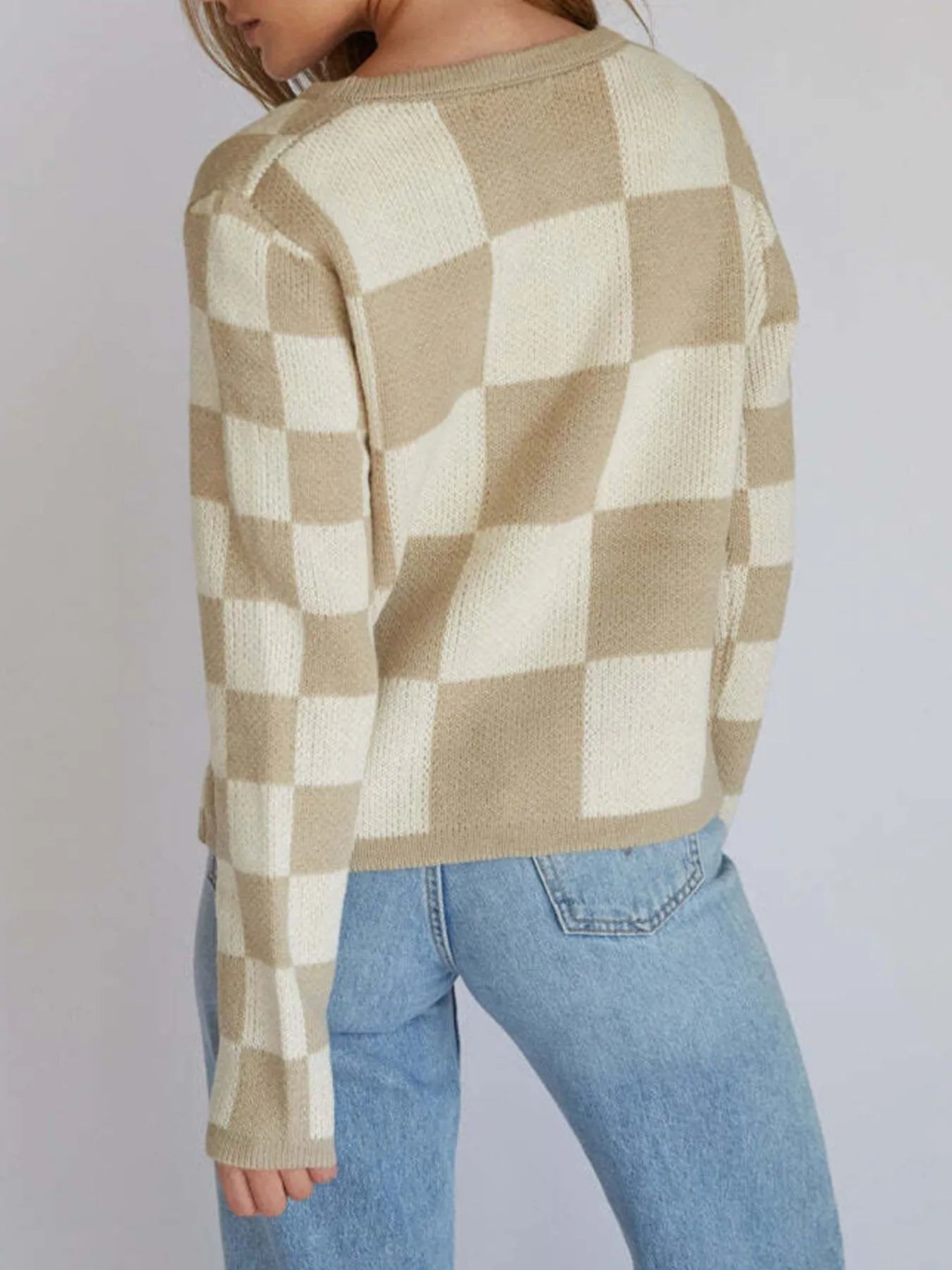 Checkered Tie-Front Cropped Cardigan for Women - Slightly Stretchy, 100% Polyester Fabric, showcasing the back view in a stylish beige checkered design.