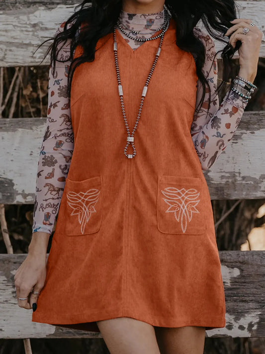 Stylish Corduroy Western Mini Dress With Embroidered Patch Pocket - Sleeveless & Slightly Stretchy showcased on a model, ideal for casual and trendy outfits.