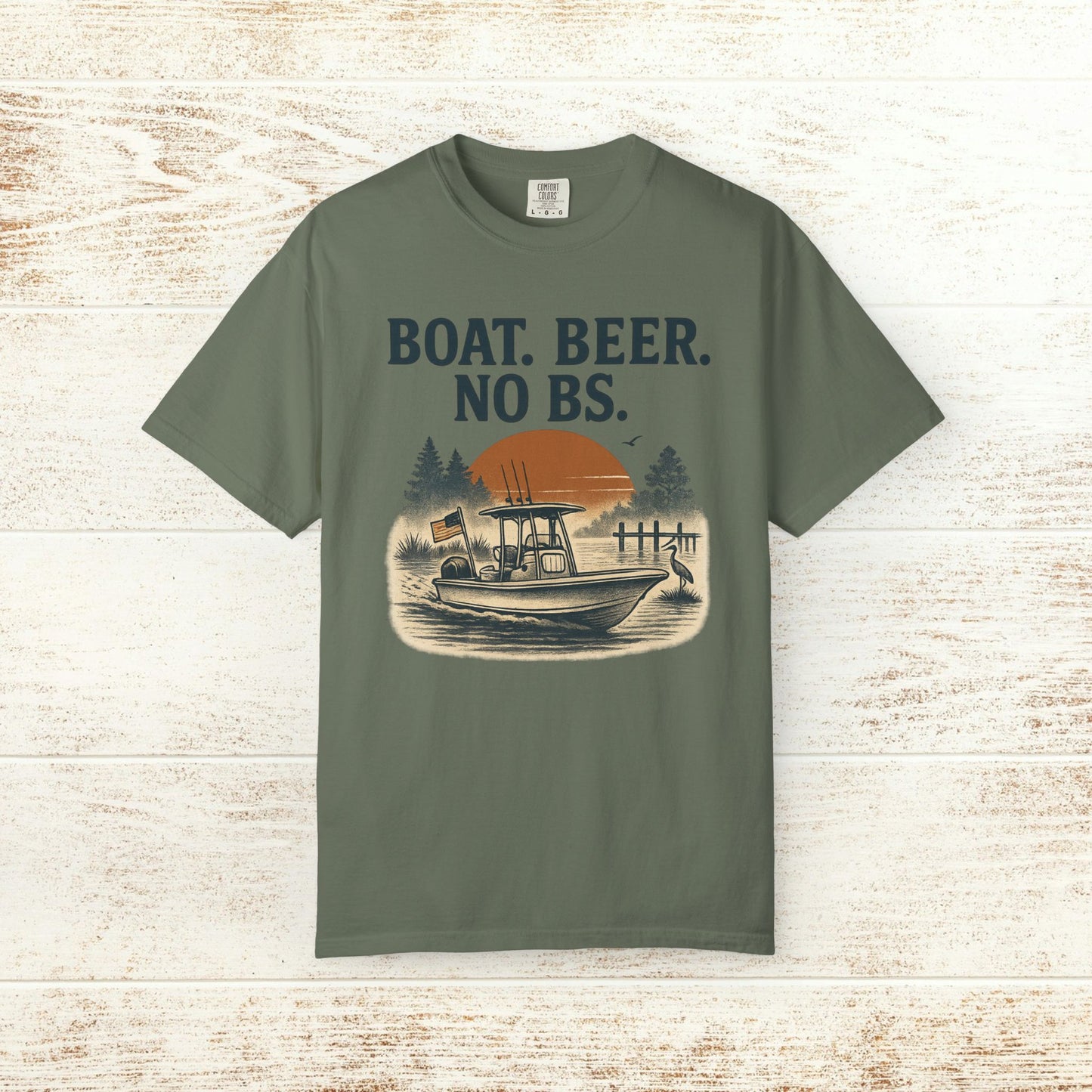 Boat Beer No BS Tee in olive green color featuring a boat silhouette against a sunset, perfect for outdoor adventures.