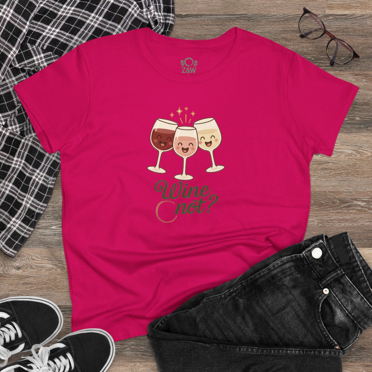 Wine Not Tee featuring playful wine glass graphics on a vibrant pink shirt, perfect for wine lovers.