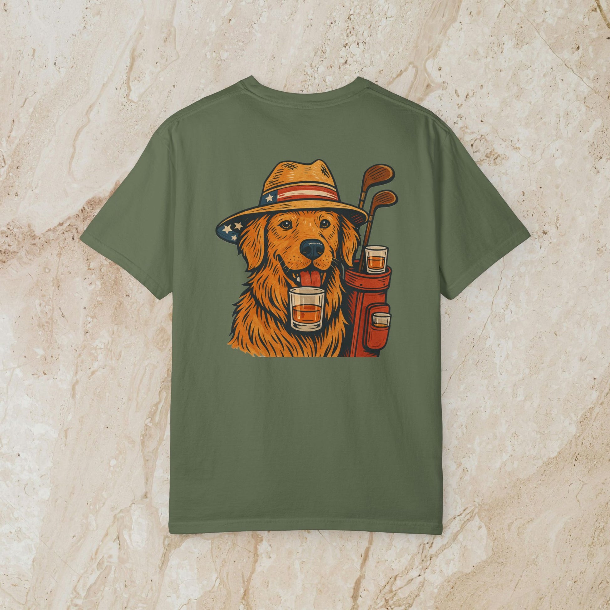 Golden Whiskey Dog Tee in olive green displaying a golden retriever with a hat and drinks, emphasizing a fun vintage look.
