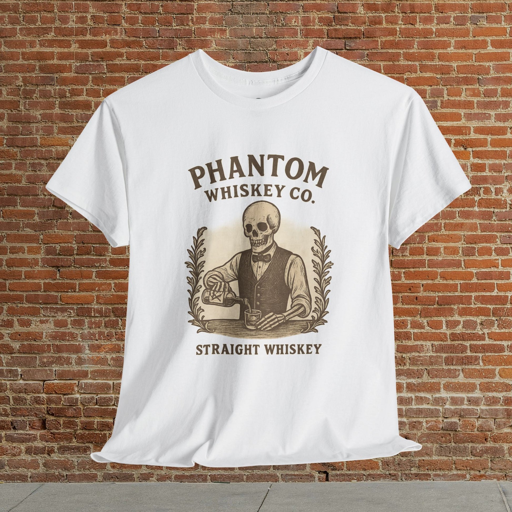 Vintage Skull Whiskey Lover Unisex Tee in white showcasing a unique vintage skeleton graphic with 'Phantom Whiskey Co. - Straight Whiskey', suitable for casual wear and perfect Halloween presents.