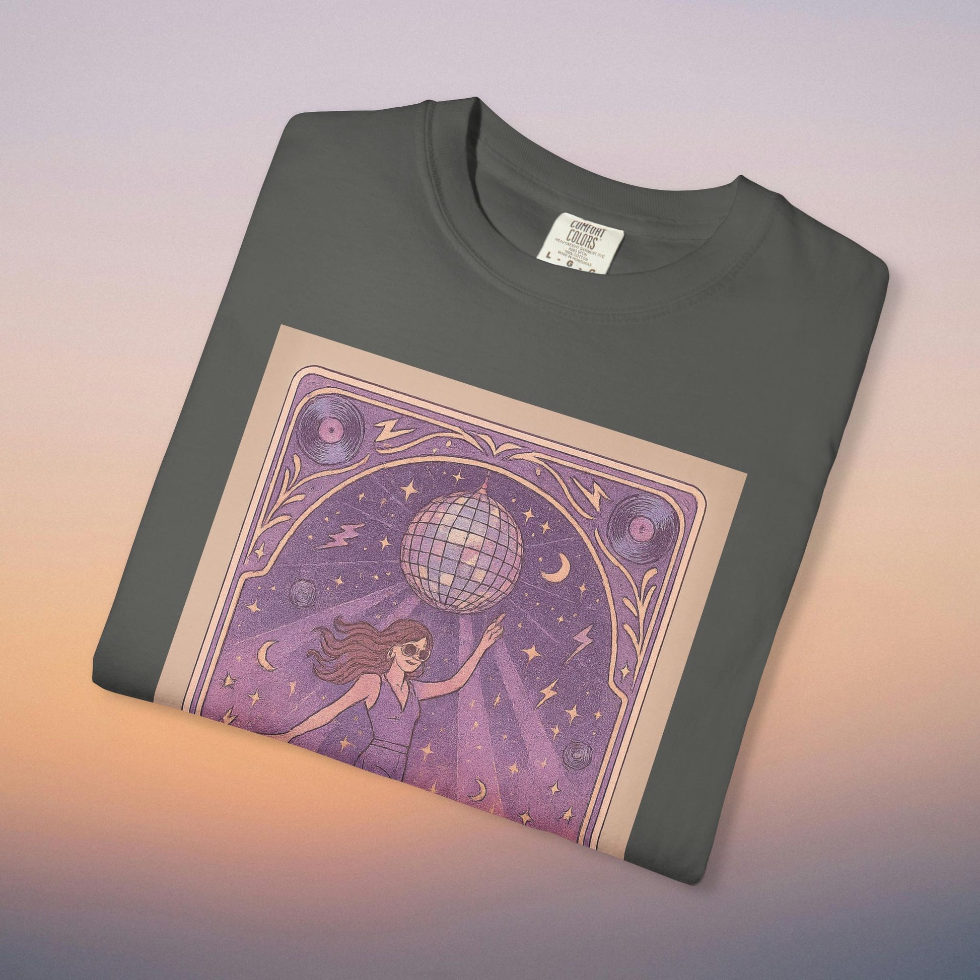 Groove Tarot Graphic Tee in dark gray, displaying a unique design of a woman holding a disco ball, great for modern and artistic style enthusiasts.