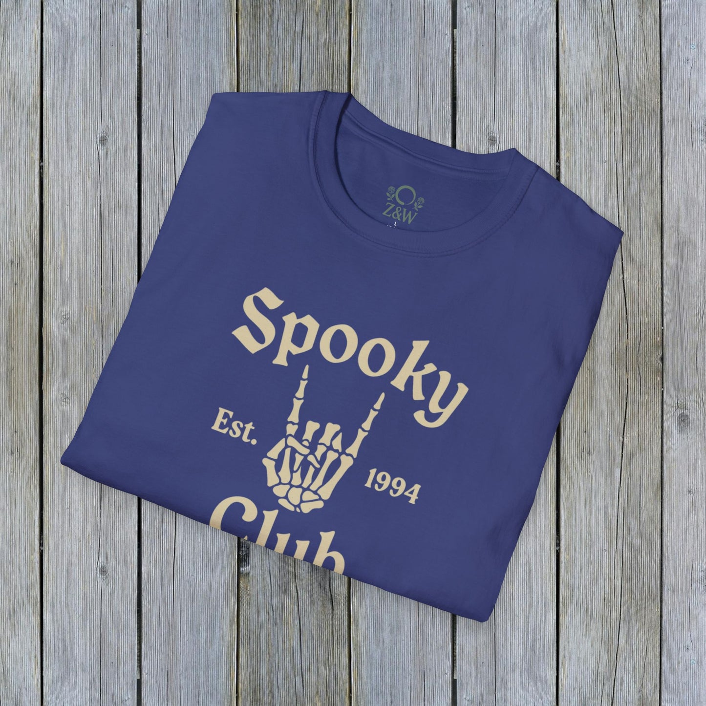 Unisex Spooky Club Tee in navy, featuring a unique skeleton hand design and 'Spooky Club Est. 1994' text, made from 100% soft and durable cotton.