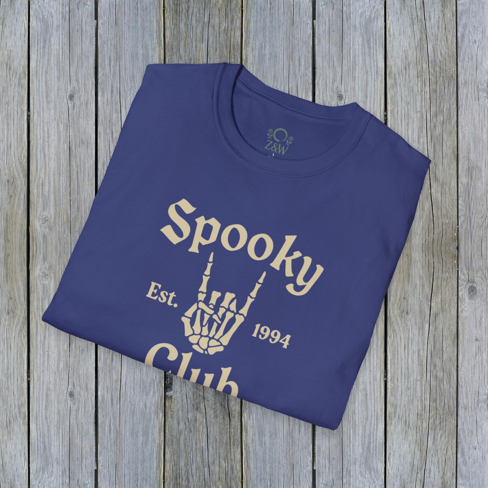 Unisex Spooky Club Tee in navy, featuring a unique skeleton hand design and 'Spooky Club Est. 1994' text, made from 100% soft and durable cotton.
