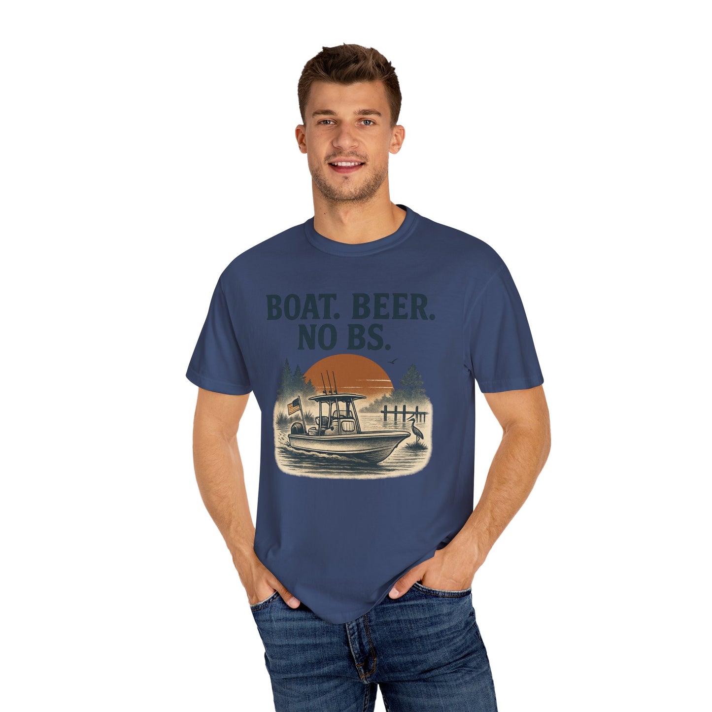 Man modeling the Boat Beer No BS Tee in dark blue, designed for comfort and showcasing a boating lifestyle.
