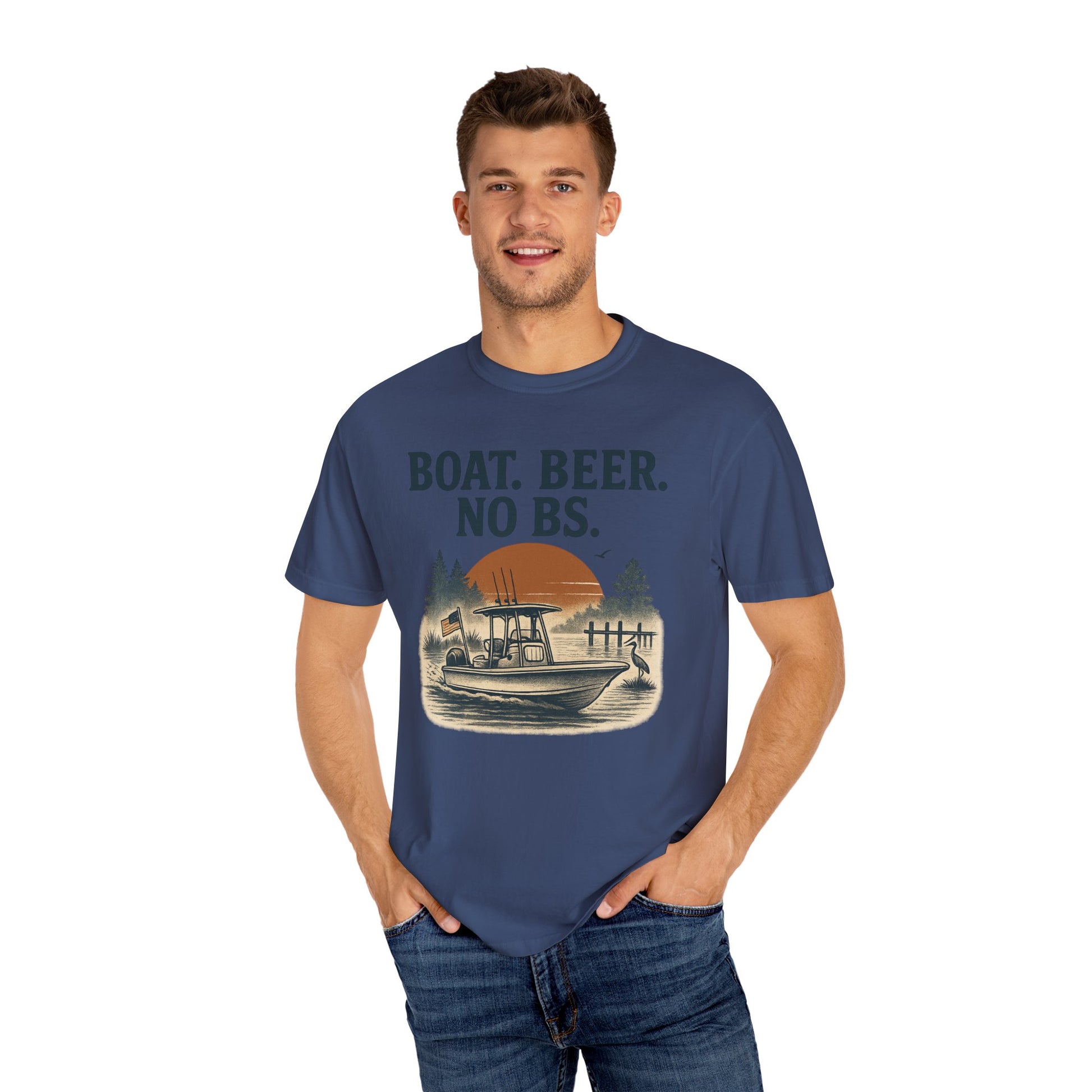 Man modeling the Boat Beer No BS Tee in dark blue, designed for comfort and showcasing a boating lifestyle.