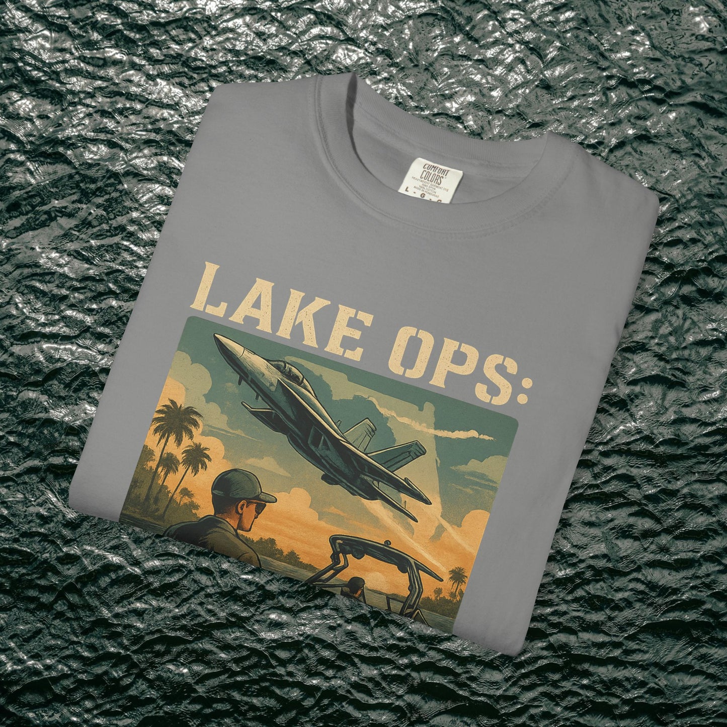 Garment-Dyed Comfort Tee For Adults in gray color featuring a playful 'LAKE OPS:' graphic design, perfect for casual wear and summer outings. Crafted from 100% ring-spun cotton, available in sizes S-4XL.