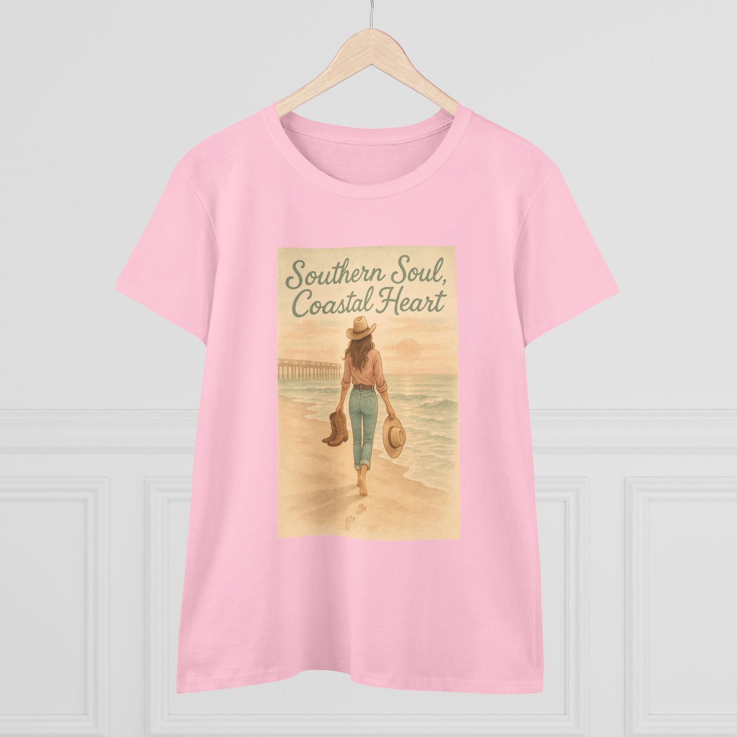 Front view of the Southern Soul Coated Heart Tee in pink featuring a vibrant graphic with the text 'Southern Soul, Coastal Heart,' perfect for casual, stylish wear.