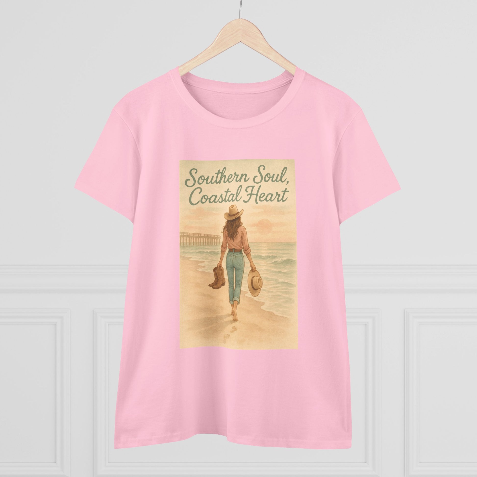 Front view of the Southern Soul Coated Heart Tee in pink featuring a vibrant graphic with the text 'Southern Soul, Coastal Heart,' perfect for casual, stylish wear.