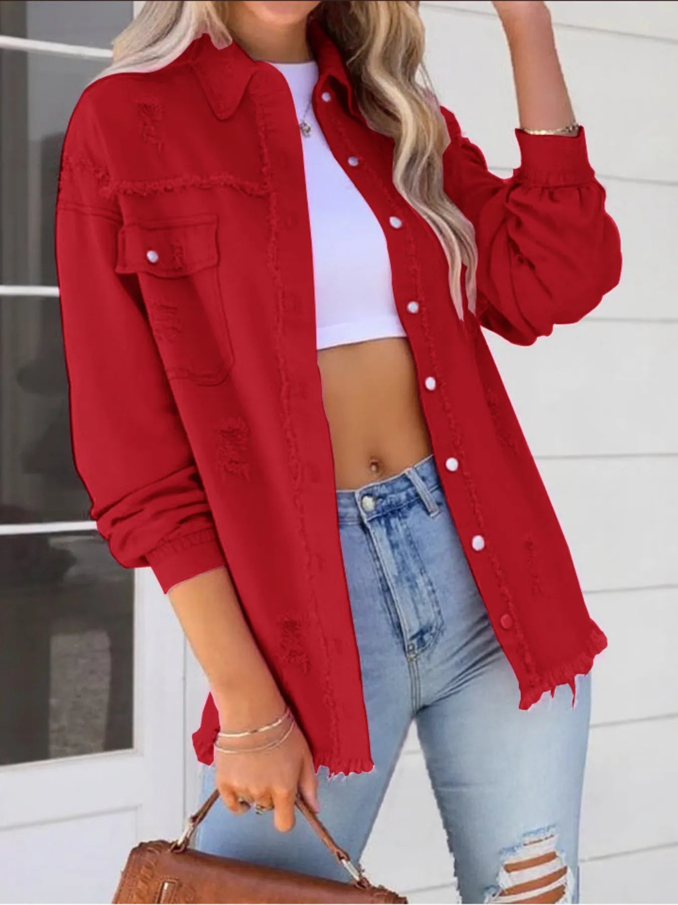 Oversized Distressed Denim Jacket with Frayed Edges and Buttoned Pockets in vibrant red, perfect for trendy casual outerwear.