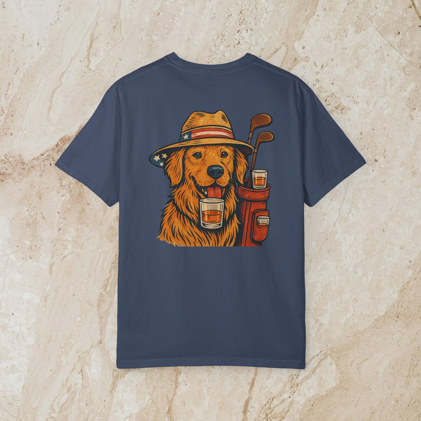 Golden Whiskey Dog Tee - Unique Vintage Style, showcasing a cute golden retriever in a hat, holding whiskey in a stylish pocket on a navy tee.