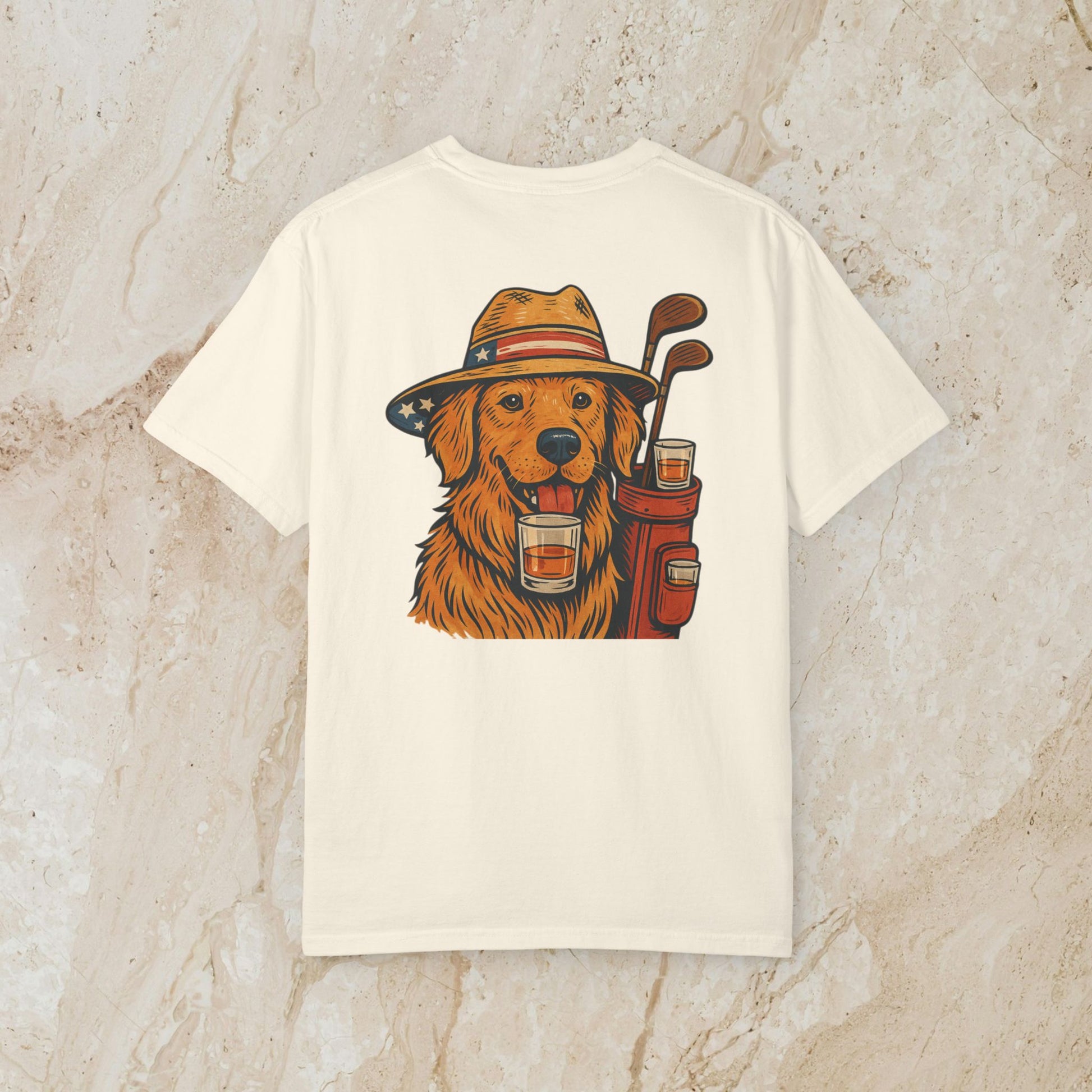 Golden Whiskey Dog Tee in cream color displaying a playful design of a golden retriever with a drink, emphasizing a relaxed fit and vintage style for dog lovers.