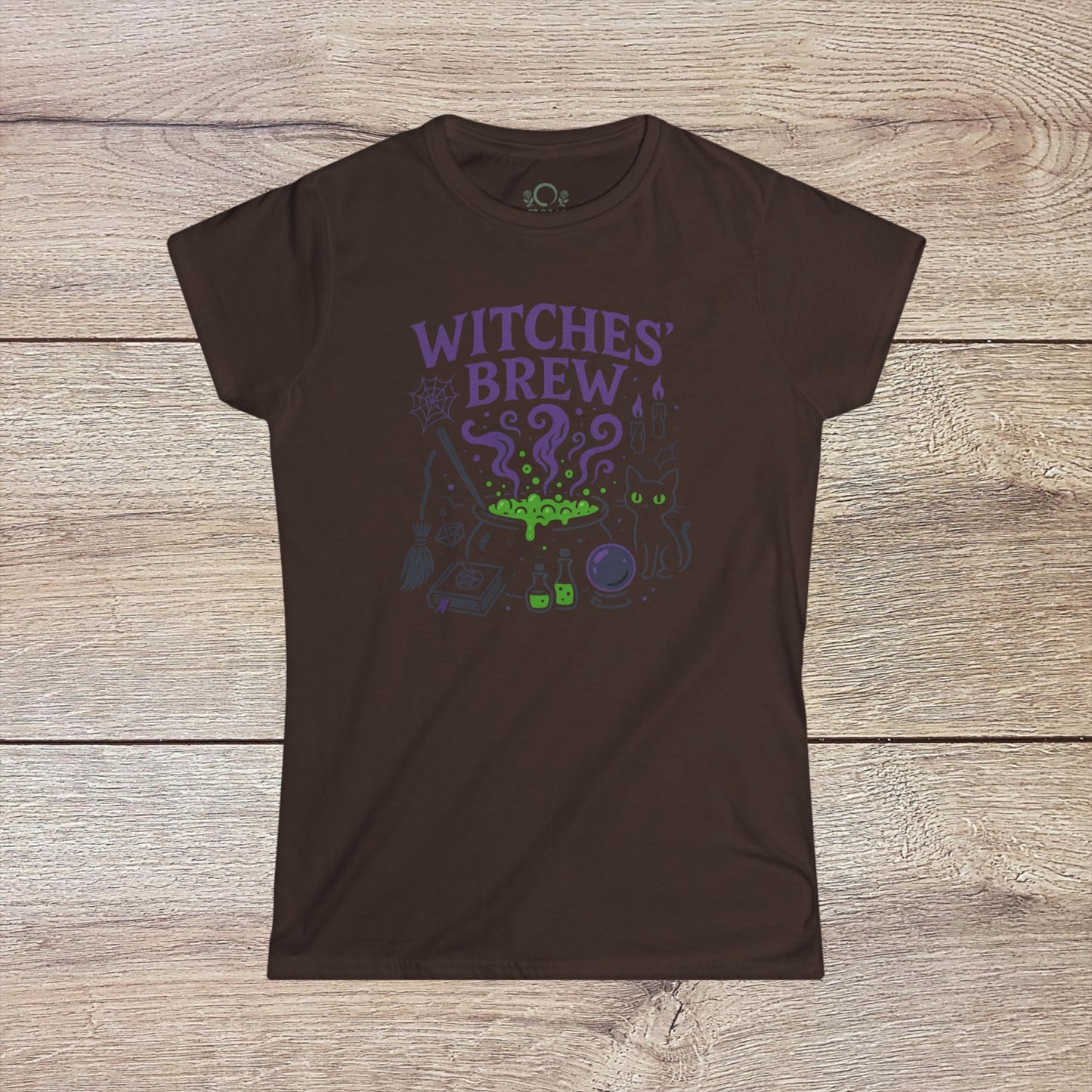 Witches' Brew Halloween T-Shirt in brown color featuring vibrant print with magical elements and a whimsical cat design, perfect for eco-friendly Halloween celebrations.