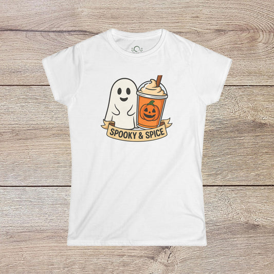 Spooky And Spice Ghost Graphic Tee in white, featuring a cute ghost and pumpkin drink design, perfect for year-round wear.