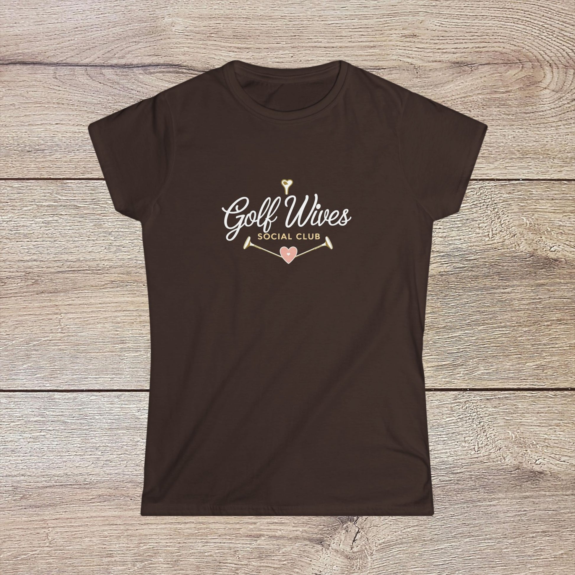 Golf Wives Social Club Tee in dark brown featuring a stylish design for golf enthusiasts, made from 100% ring-spun cotton.