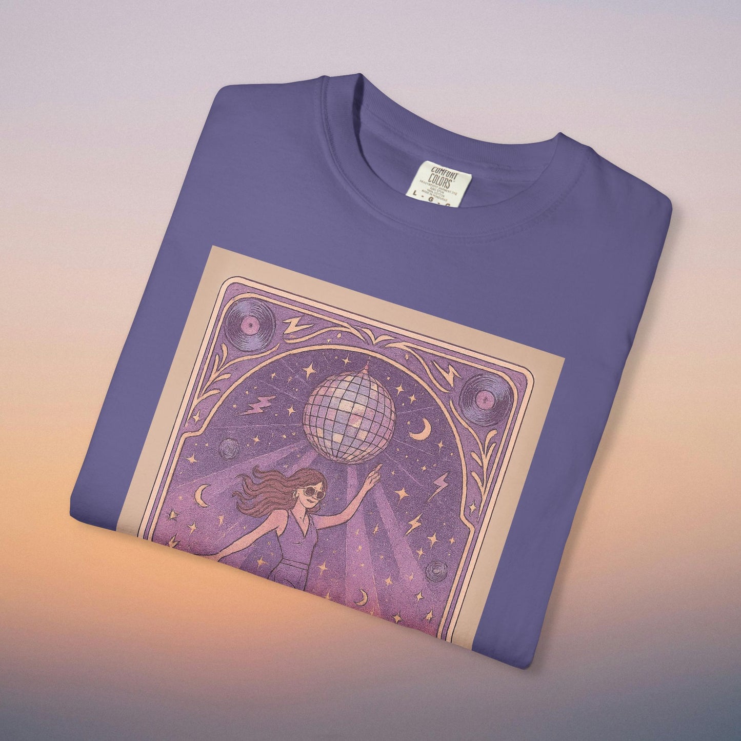 Folded Groove Tarot Graphic Tee showcased in purple, illustrating a unique tarot-inspired graphic with a disco ball, ideal for trendy outfits.
