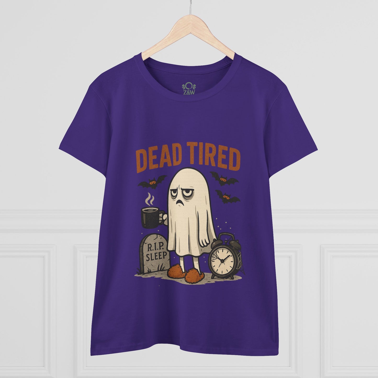 Front design of a Cute Whimsical Ghost T-Shirt for Halloween featuring a tired ghost with coffee, ideal 100% cotton unisex lounge shirt for festive occasions.
