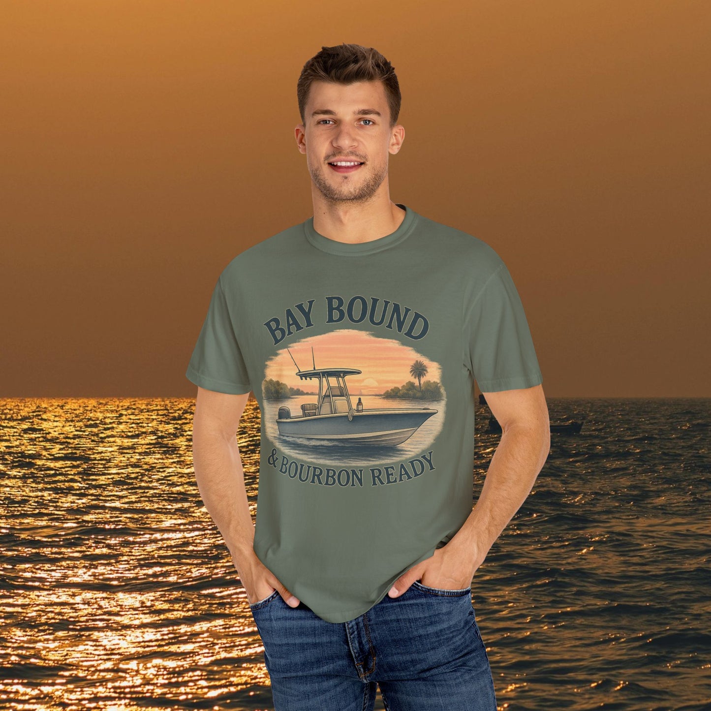 Model showing off Bay Bound T-Shirt for Summer, suited for fishing and beach lovers, features vibrant artwork, available in sizes S-4XL.