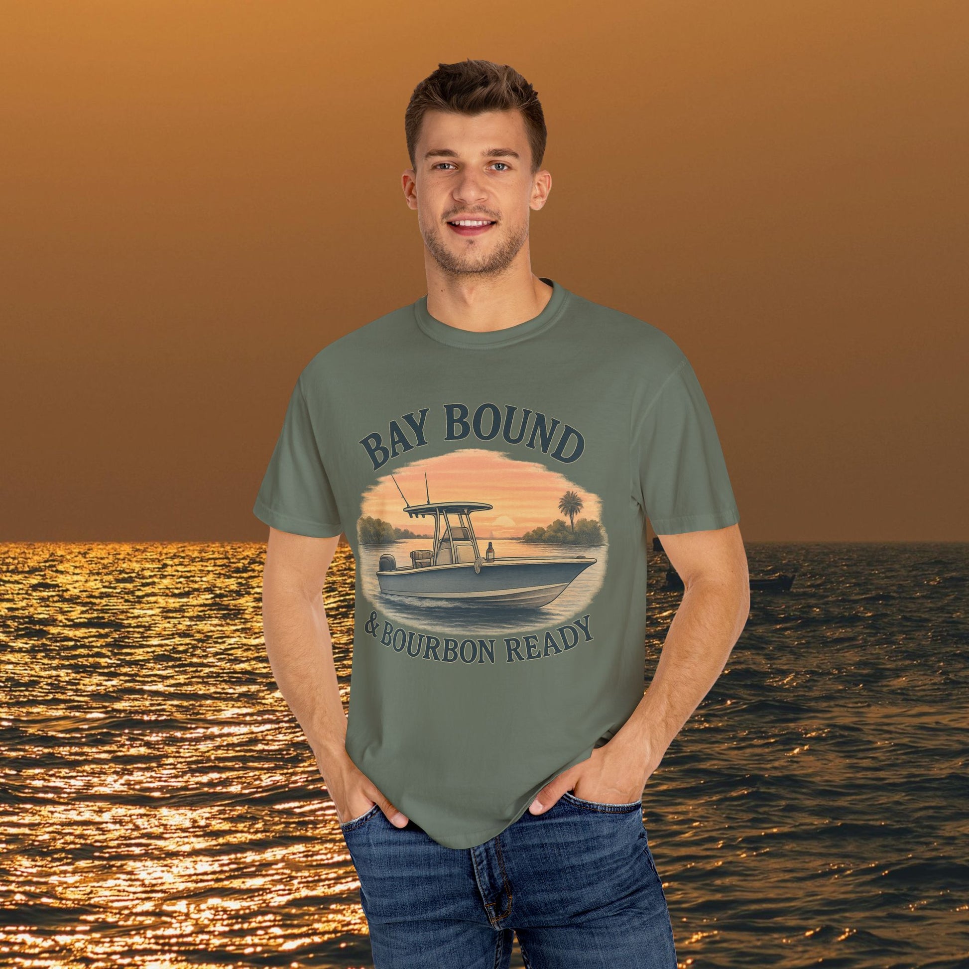 Model showing off Bay Bound T-Shirt for Summer, suited for fishing and beach lovers, features vibrant artwork, available in sizes S-4XL.