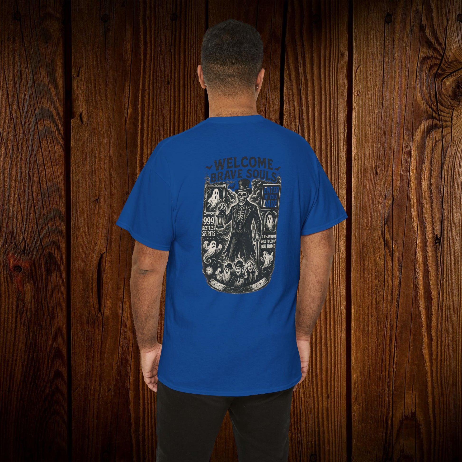 Spooky Halloween Graphic Tee - Unisex Cotton Shirt featuring a unique design with a skeleton and ghosts, perfect casual wear for Halloween celebrations.