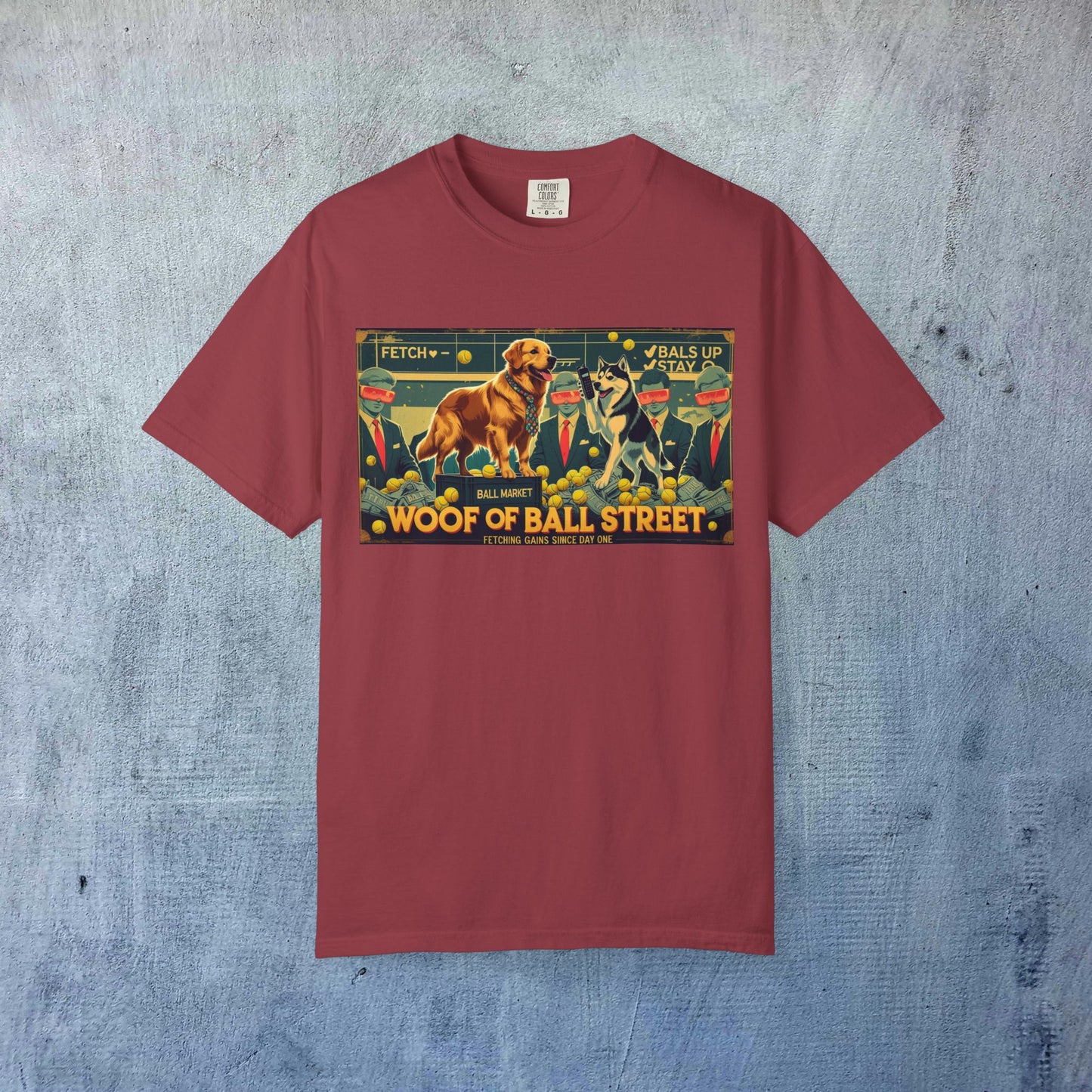 Sleek Woof of Ball Street T-Shirt in maroon, highlighting a vibrant print of a dog and the words 'Woof of Ball Street', perfect for comfort and style.
