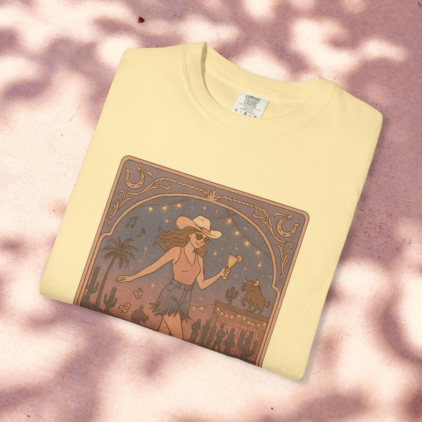 Line Dancer Tarot Tee in soft cotton, featuring a unique design of a dancing woman wearing a cowboy hat, perfect for casual wear, available in sizes S-4XL.