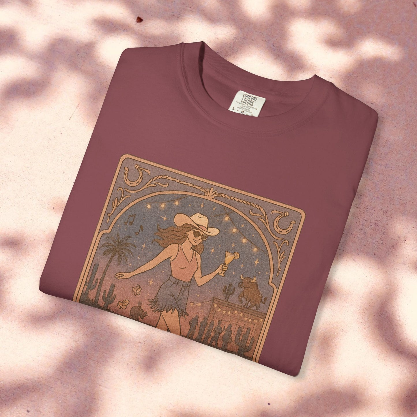 Line Dancer Tarot Tee laid flat in deep maroon, highlighting its unique line dancer design, perfect for fashionable comfort.