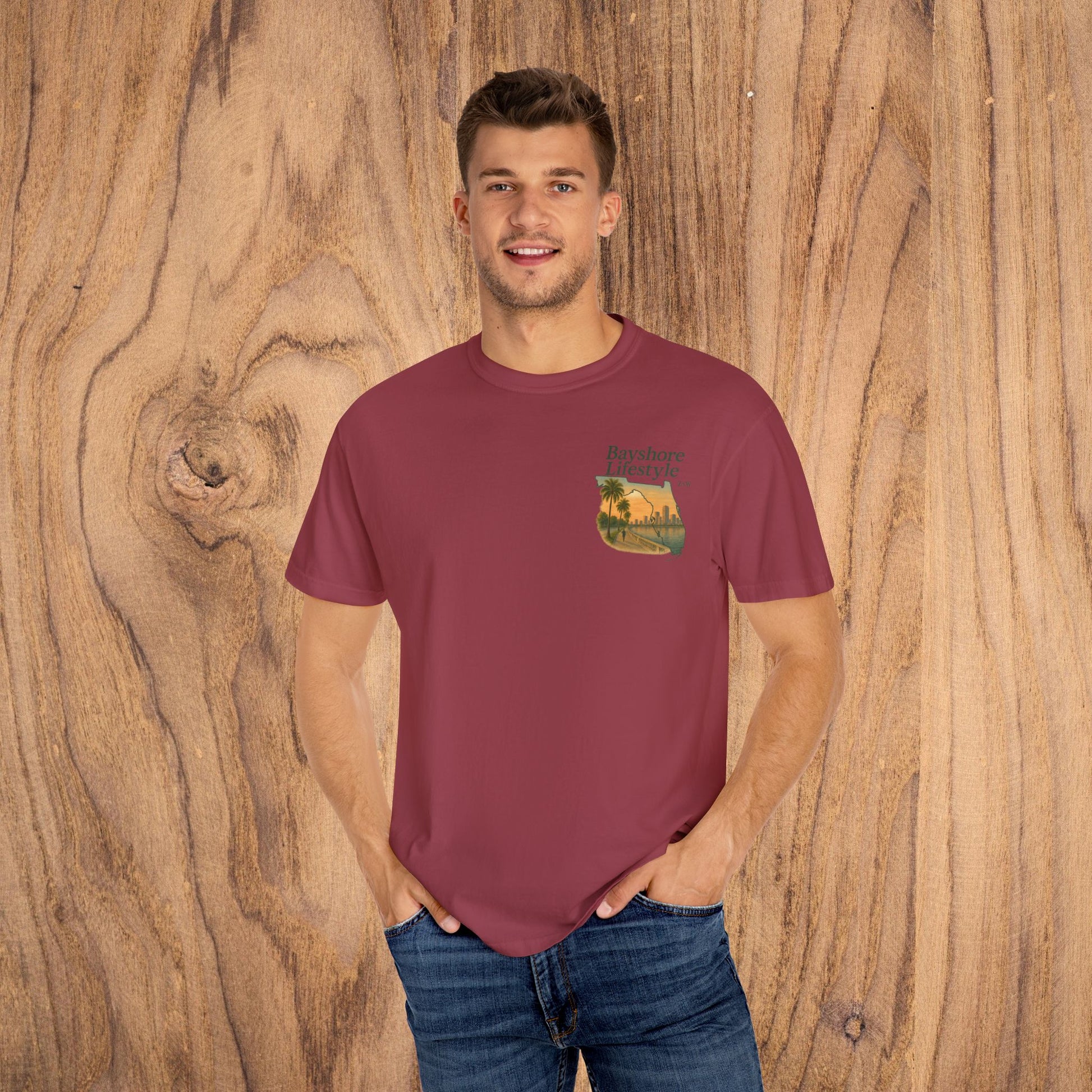 Model wearing the Bayshore Lifestyle Tee in burgundy, showcasing its relaxed fit and 100% cotton lightweight fabric.