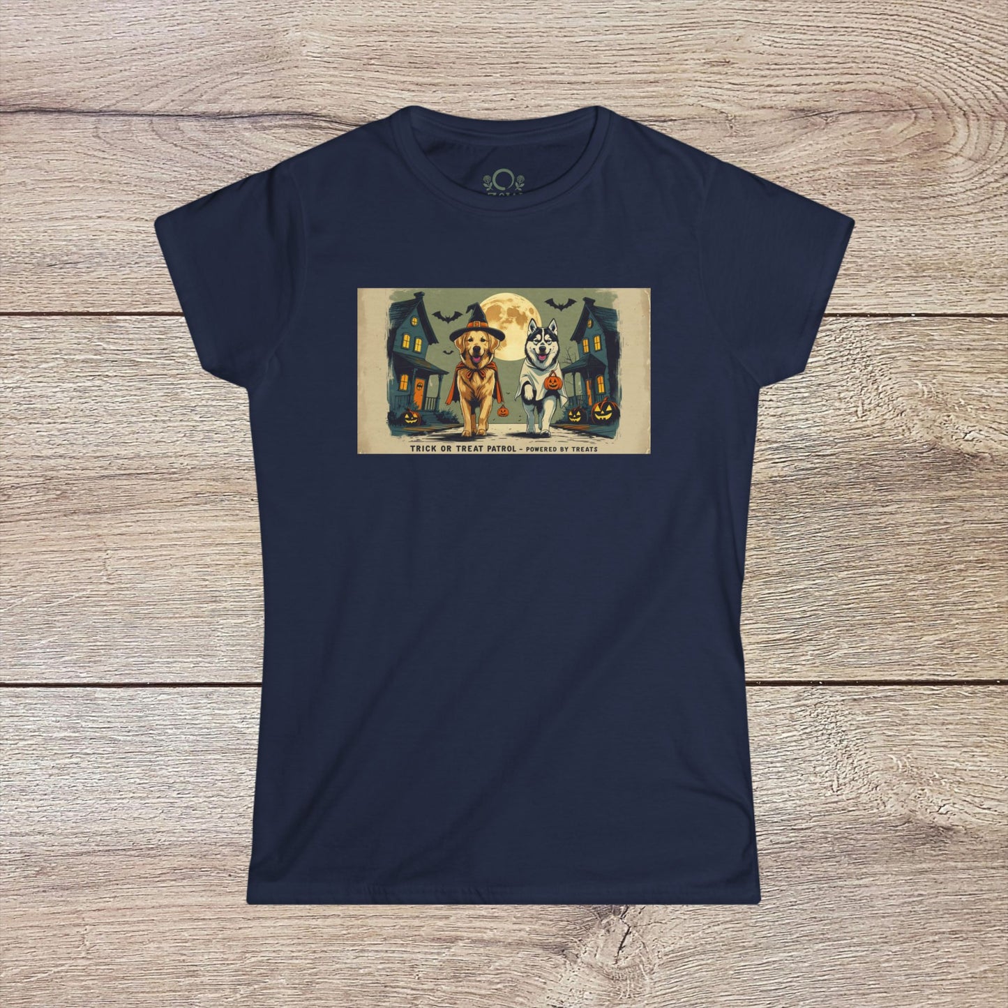 Unisex Softstyle Trick Or Treat T-Shirt in navy blue featuring a playful dog and cat with Halloween decorations, made of 100% ring-spun cotton for ultimate comfort.