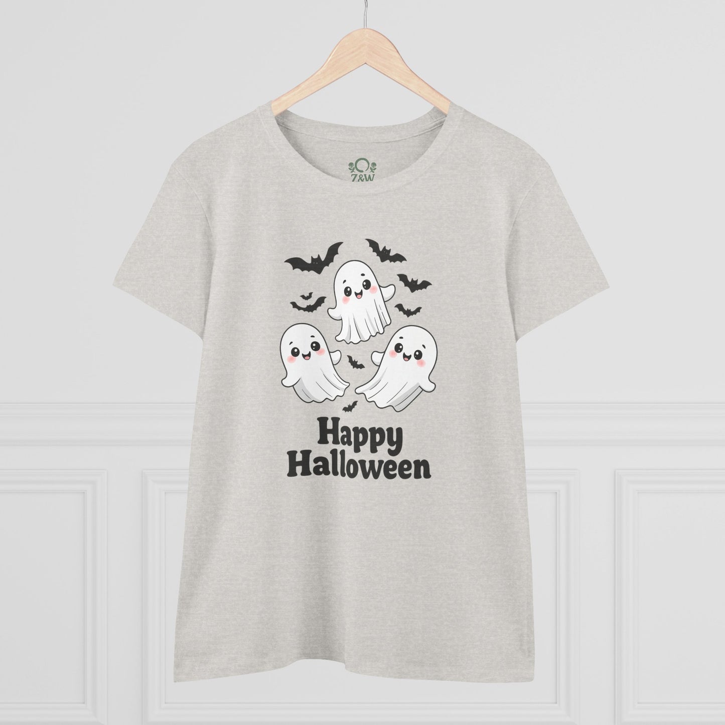 Cute Halloween Ghost T-Shirt for Kids & Adults, Unisex Spooky Tee in heather gray, adorned with cheerful ghosts and bats, perfect for Halloween fun.