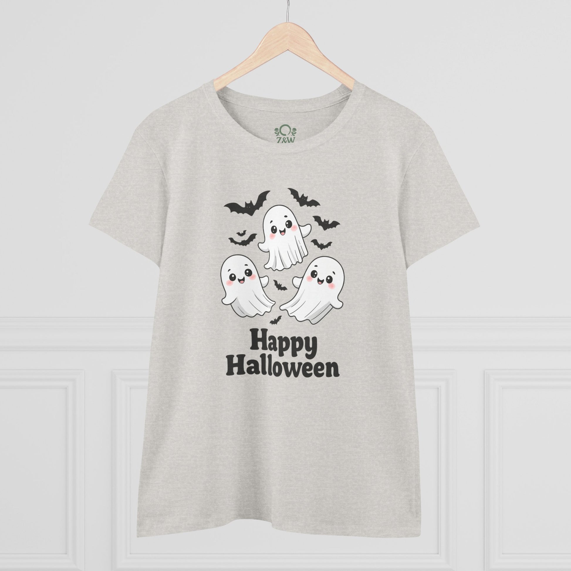 Cute Halloween Ghost T-Shirt for Kids & Adults, Unisex Spooky Tee in heather gray, adorned with cheerful ghosts and bats, perfect for Halloween fun.