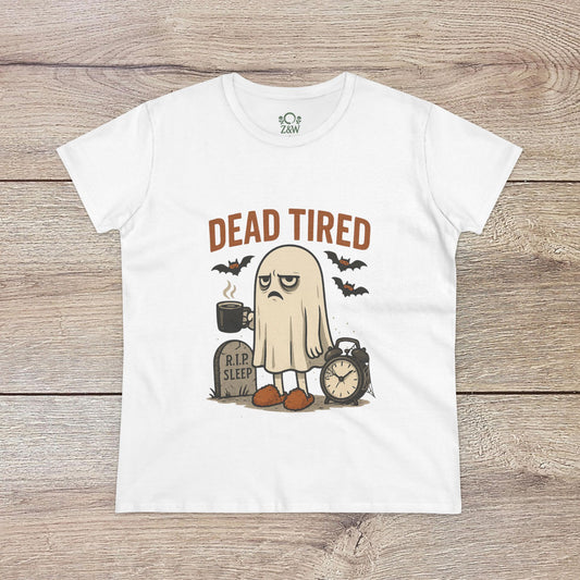 Cute Whimsical Ghost T-Shirt for Halloween displaying a 'Dead Tired' ghost graphic on a white shirt, crafted from soft 100% cotton for year-round casual wear.